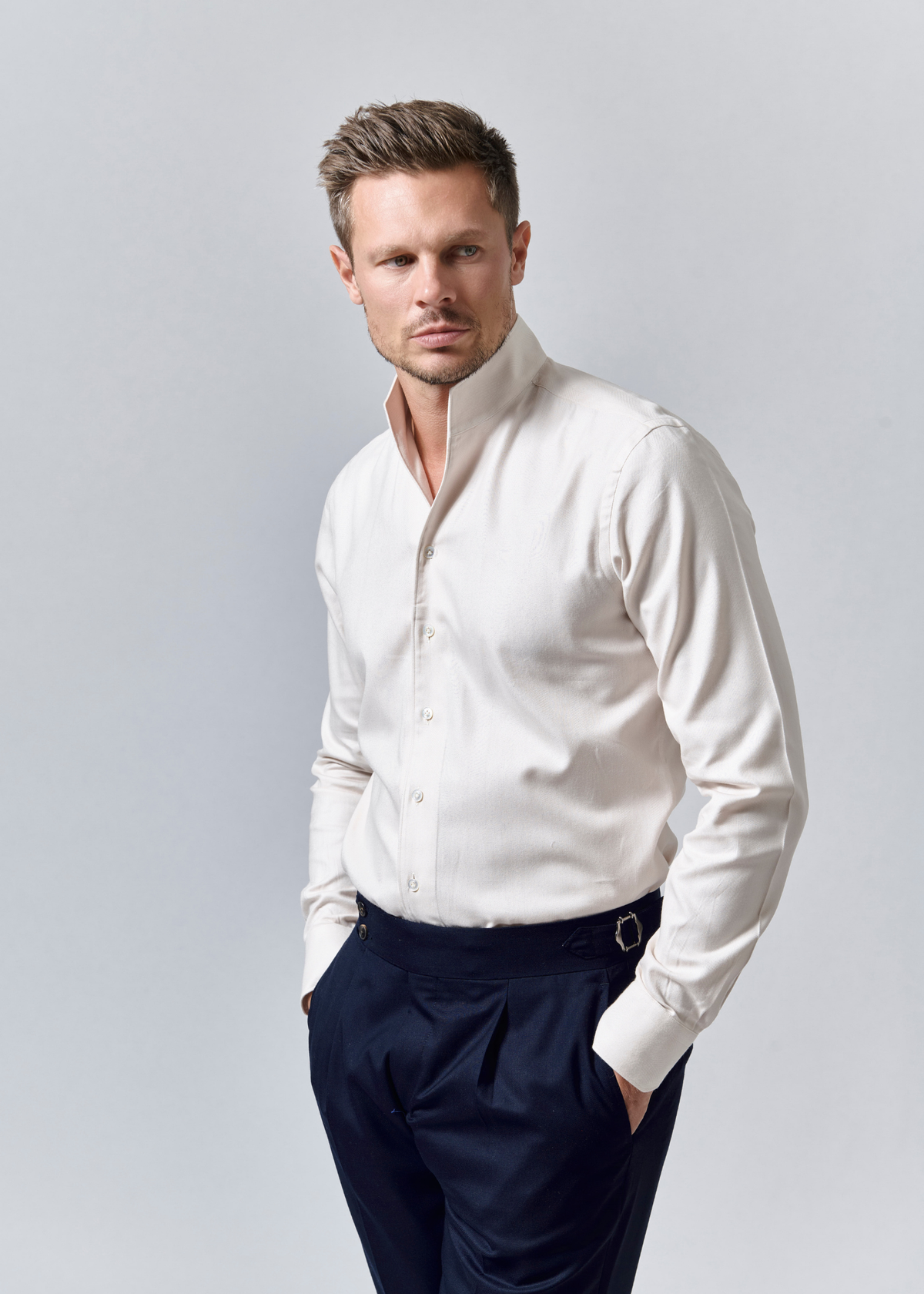 Chemise Rufolo - Flanelle de coton et lyocell beige à chevrons