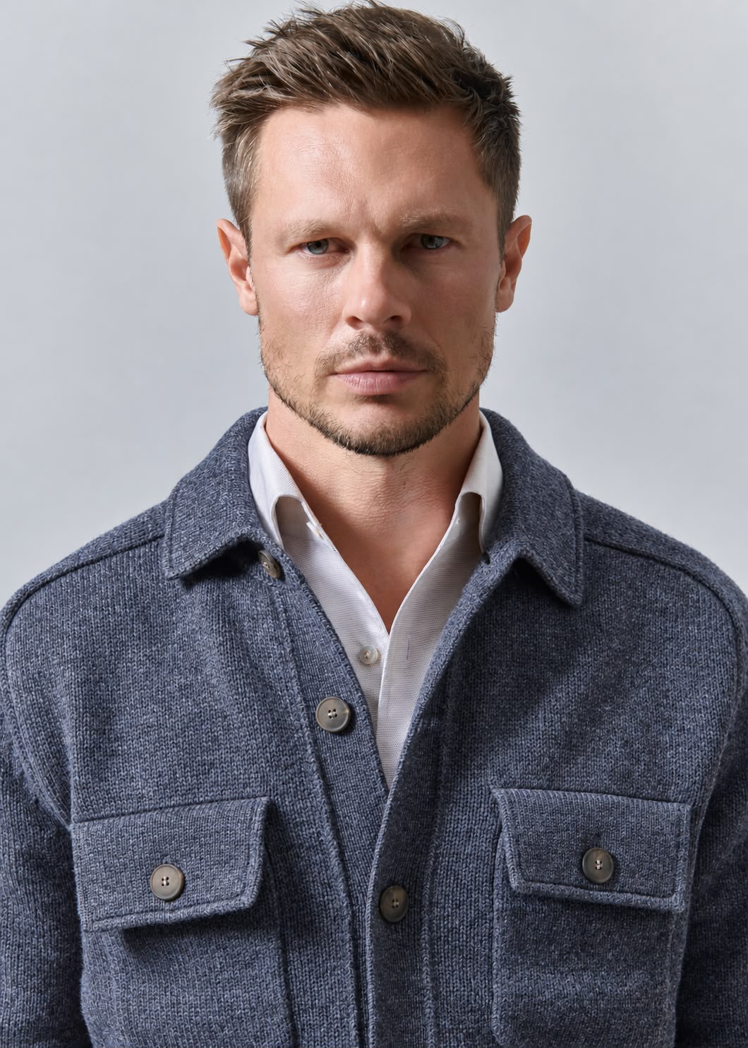 Cardigan homme Adamo bleu denim en laine vierge, col chemise