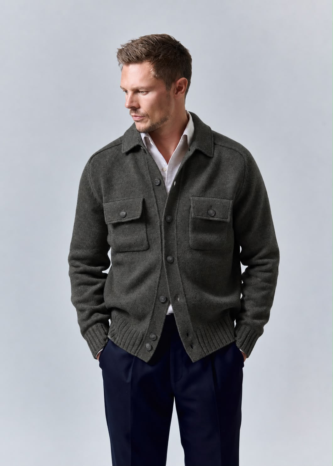 Cardigan homme Adamo vert olive en laine vierge, col chemise