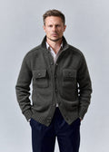 Cardigan homme Adamo vert olive en laine vierge, col chemise